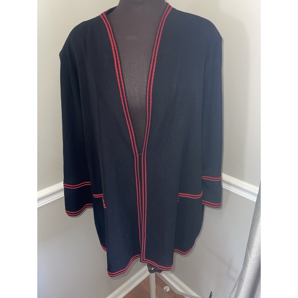 Exclusively Misook Black Knit Red Trim Open Cardigan Plus Sz 2X Flare Sleeve